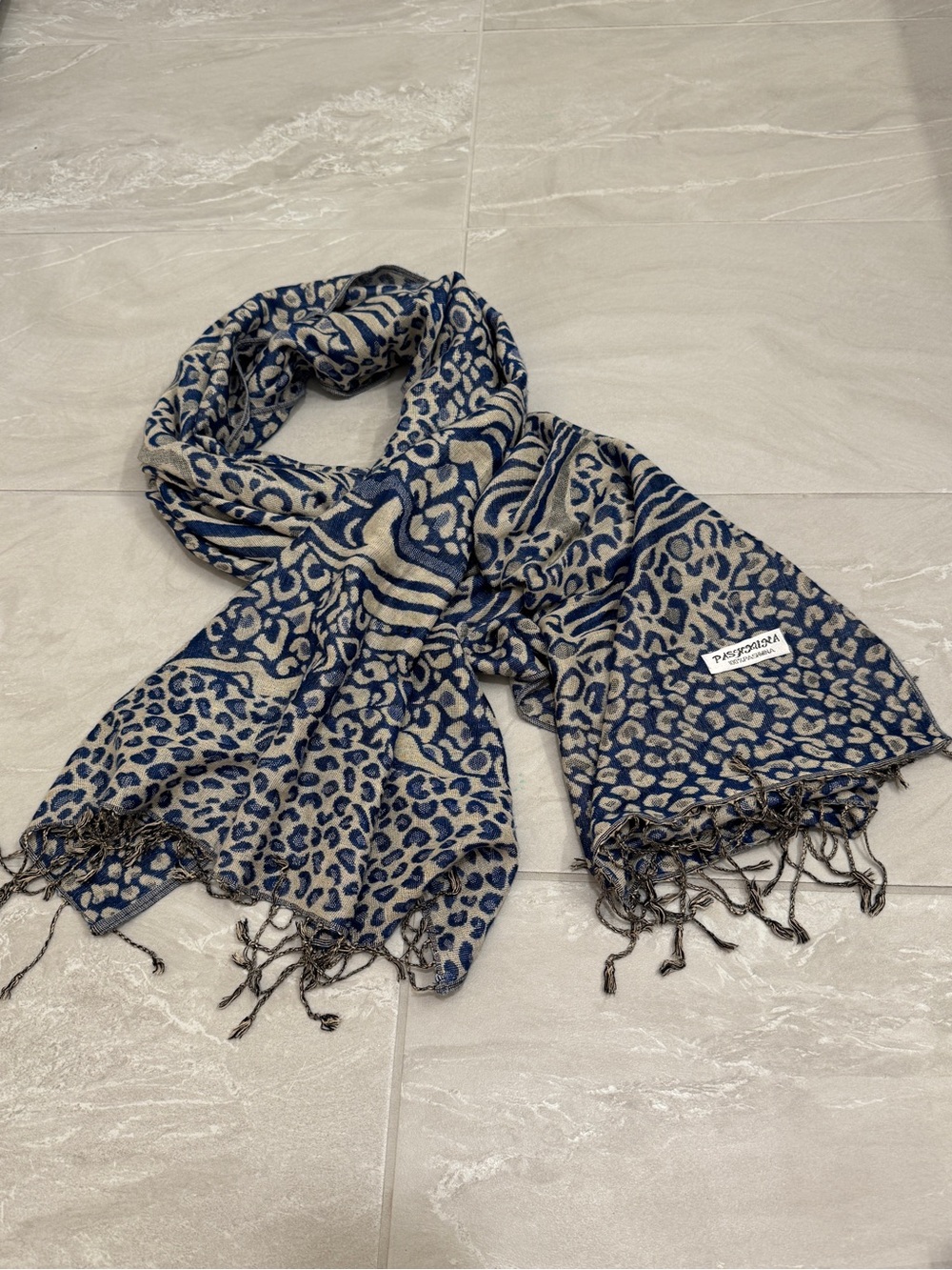Pashmina Blue Cream Animal Print Scarf Fringe Boho Coastal